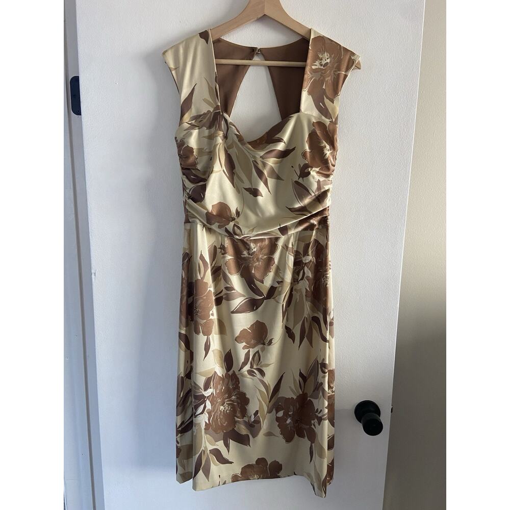 Women’s Donna Ricco Dress Cap Sleeves Brown And Beige Floral Size 10 Satin 90’s